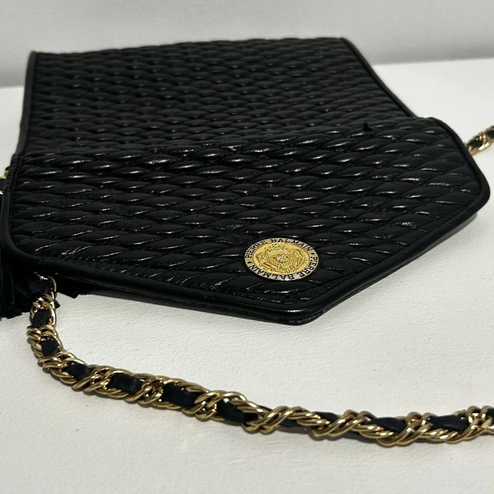 Vintage French Evening bag Pierre Balmain Black Leather Quilted Gold Strap Purse